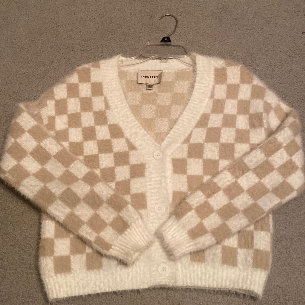 INDUSTRY beige & white checkered cardigan. XS